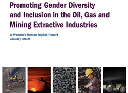 [ai] Cover of a report titled 'Promoting Gender Diversity and Inclusion in the Oil, Gas and Mining Extractive Industries,' featuring images of mining activities and a woman in a hard hat. Published January 2019.